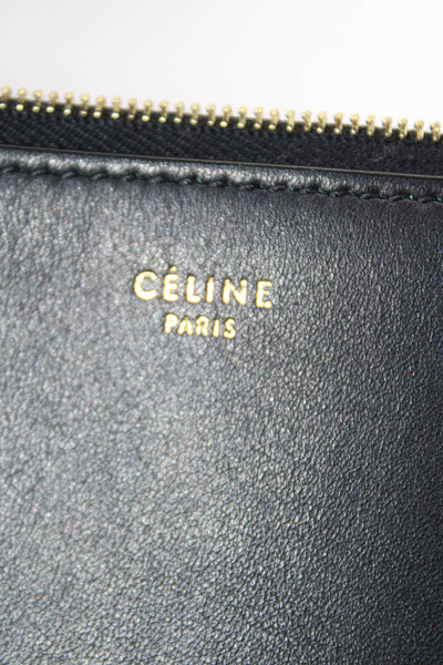 Celine Womens Zip Top Perforated Leather Flat Pouch Handbag Black Green