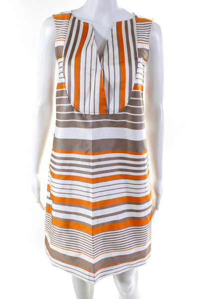 Les Copains Womens Grosgrain Stripe Y Neck Shift Dress Brown Orange White Size 4