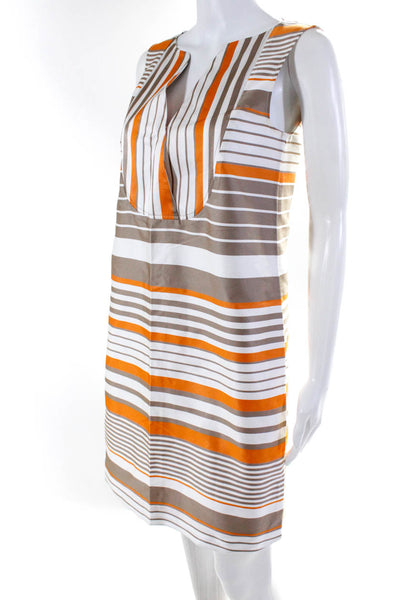 Les Copains Womens Grosgrain Stripe Y Neck Shift Dress Brown Orange White Size 4
