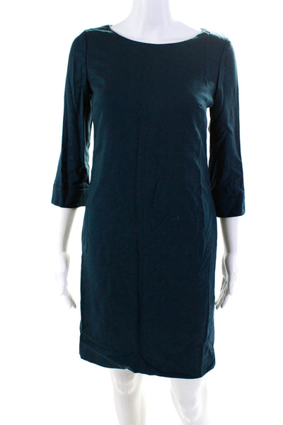 Boden Womens Back Zip 3/4 Sleeve Scoop Neck Sheath Dress Dark Blue Wool Size 2