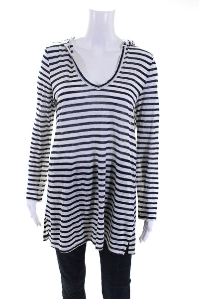 Joie a la Plage Womens Linen Striped V-Neck Long Sleeve Hooded Top Navy Size 8