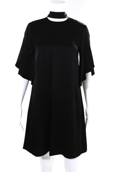 Fendi Womens Back Zip Tie Neck Ruffled Half Sleeve Satin Dress Black Size 4