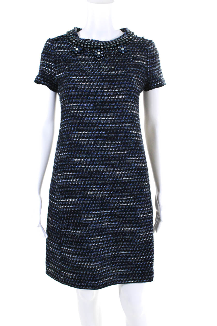 Moschino Cheap & Chic Womens Beaded Trim Tweed Shift Dress Navy