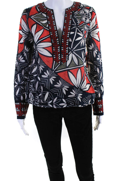 Tory Burch Women's Floral Print Long Sleeve V Neck Blouse Multicolor Size 2