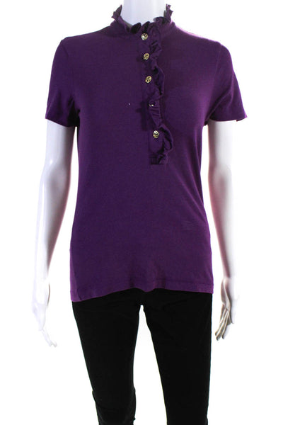 Tory Burch Women's Cotton Short Sleeve Mock Neck Ruffle Polo Shirt Purple Size S