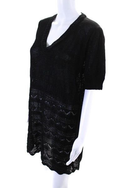 Pamela Dennis Womens Short Sleeve V Neck Sweater Sheath Dress Black Size Large