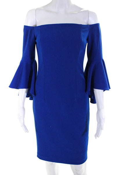 Calvin Klein Women's Off Shoulder Flounce Sleeve Bodycon Dress Royal Blue Size 2