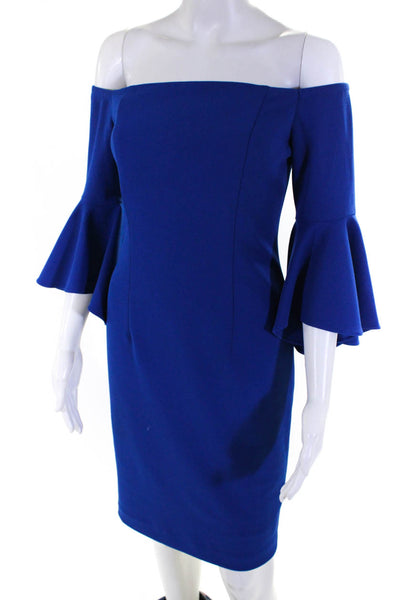 Calvin Klein Women's Off Shoulder Flounce Sleeve Bodycon Dress Royal Blue Size 2