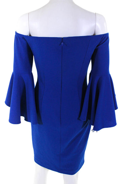 Calvin Klein Women's Off Shoulder Flounce Sleeve Bodycon Dress Royal Blue Size 2