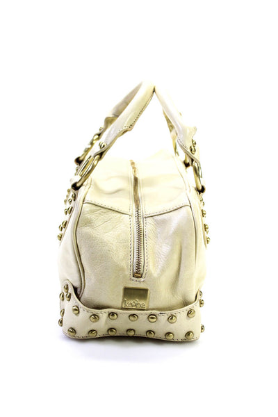 Kooba Womens Zip Top Double Handle Studded Trim Shoulder Handbag White Leather