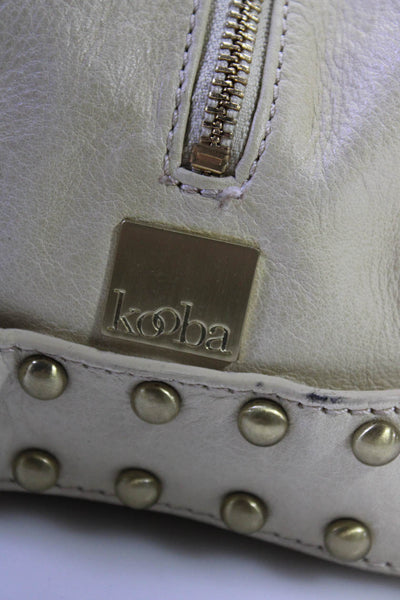 Kooba Womens Zip Top Double Handle Studded Trim Shoulder Handbag White Leather