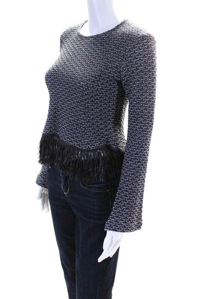 Derek Lam Womens Long Sleeve Fringe Crew Neck Sweater Black White Size 0