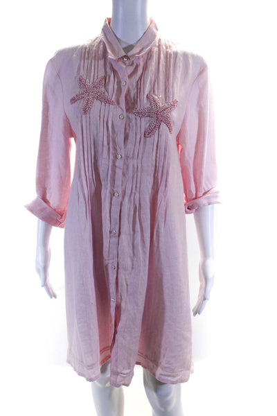 Comelli Womens Button Front Collared Starfish Linen Shirt Dress Pink Size XS