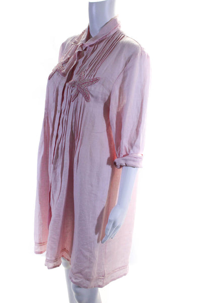 Comelli Womens Button Front Collared Starfish Linen Shirt Dress Pink Size XS