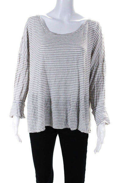 Eileen Fisher Womens Brown Striped Linen Scoop Neck Long Sleeve Blouse Top Size