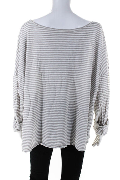 Eileen Fisher Womens Brown Striped Linen Scoop Neck Long Sleeve Blouse Top Size