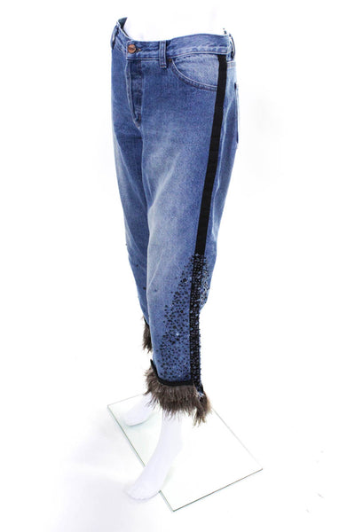 Johanna Ortiz Womens Petra Beaded Sequin Feather Hem Straight Jeans Blue Size 6