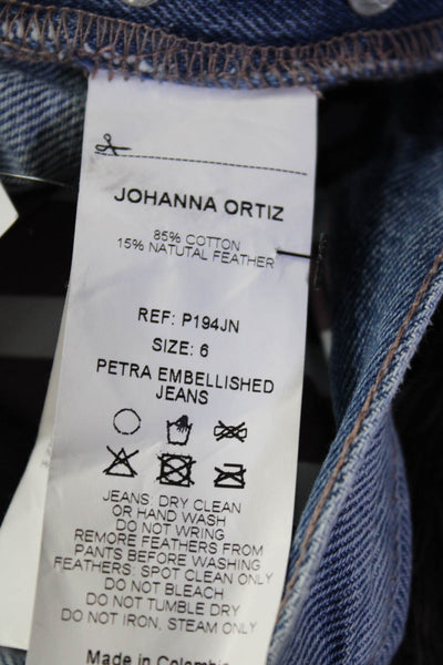 Johanna Ortiz Womens Petra Beaded Sequin Feather Hem Straight Jeans Blue Size 6