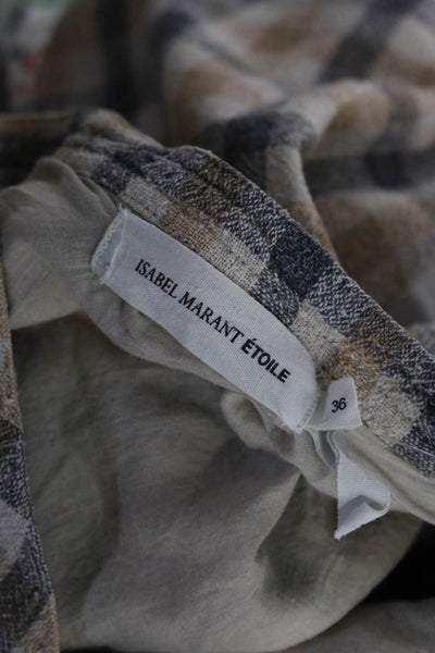 Isabel Marant Etoile Women's Plaid Long Sleeve Silk Top Beige Size FR.36