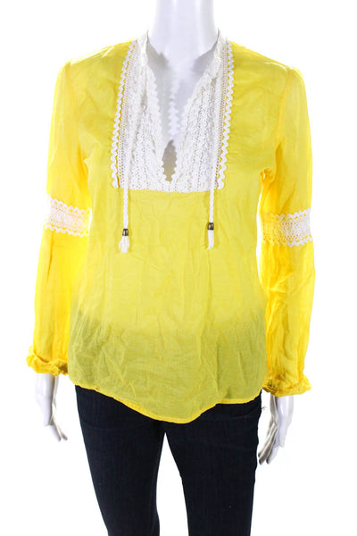 Tory Burch Women's Cotton Embroidered Long Sleeve V Neck Top Yellow Size 2