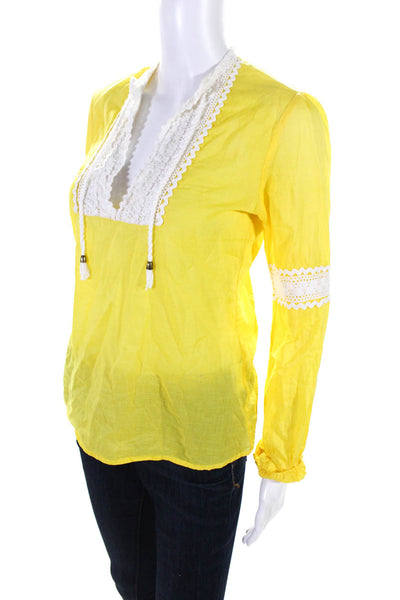Tory Burch Women's Cotton Embroidered Long Sleeve V Neck Top Yellow Size 2