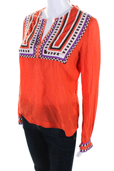 Tory Burch Women's Cotton Long Sleeve Embellished V Neck Top Orange Size 4