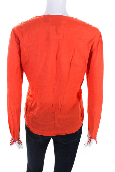 Tory Burch Women's Cotton Long Sleeve Embellished V Neck Top Orange Size 4