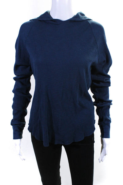 Christina Lehr Womens Cotton Waffle-Knit Long Sleeve Hooded Sweater Blue Size 2