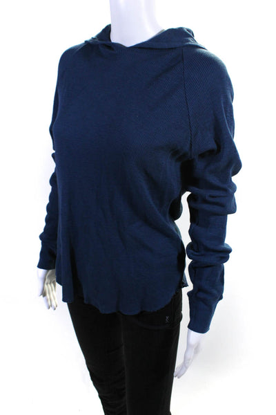 Christina Lehr Womens Cotton Waffle-Knit Long Sleeve Hooded Sweater Blue Size 2