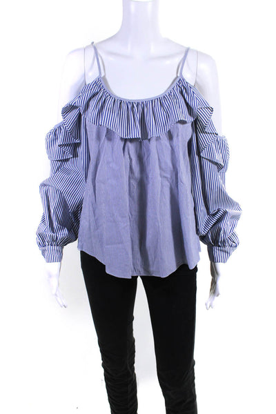 Parker Womens Striped Ruffled Cold Shoulder Long Sleeve Blouse Top Blue Size S