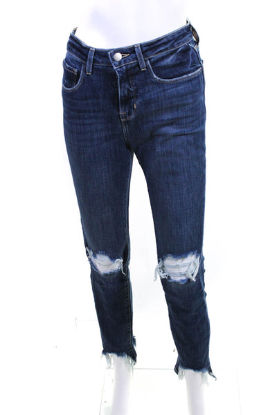 L'Agence Womens Cotton High Rise Distressed Dark Wash Skinny Jeans Blue Size 24