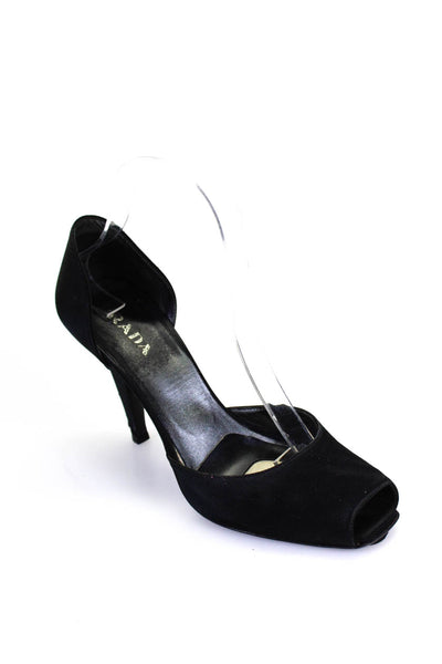 Prada Womens Satin Peep Toe Mid Stiletto D'orsay Heels Black Size 7.5US 37.5EU