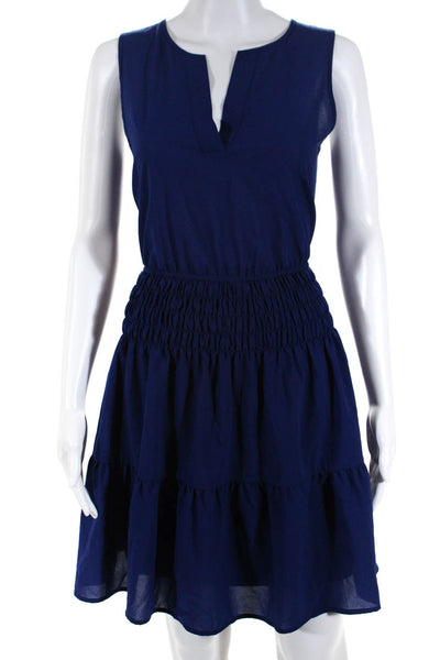 J Crew Womens Smocked Waist Y Neck Sleeveless A Line Dress Blue Size 8