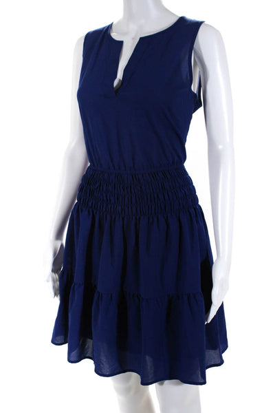 J Crew Womens Smocked Waist Y Neck Sleeveless A Line Dress Blue Size 8