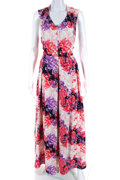 Tahari Womens V Neck Floral Sleeveless Maxi Dress Gown Pink Purple Size 8