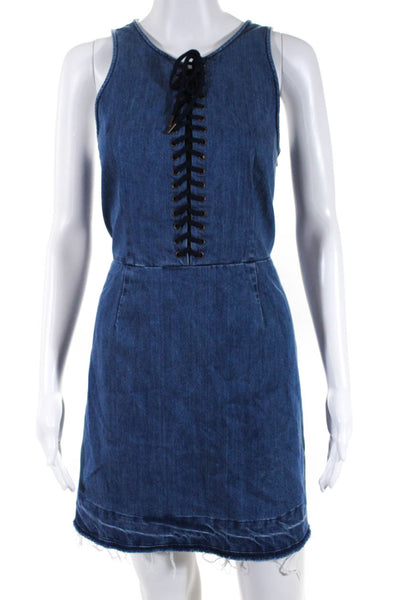 Saylor Womens Blue Cotton Lace Up Front Scoop Neck Sleeveless Shift Dress Size L