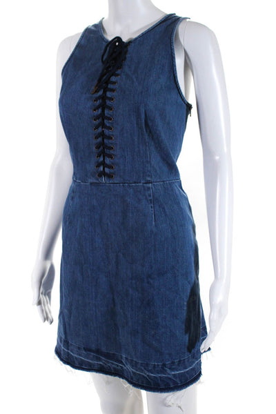 Saylor Womens Blue Cotton Lace Up Front Scoop Neck Sleeveless Shift Dress Size L