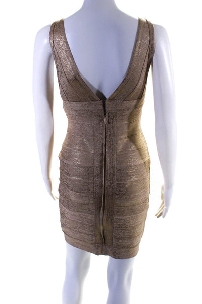 Herve Leger Womens V Neck Sleeveless Body Con Dress Beige Gold Size Small