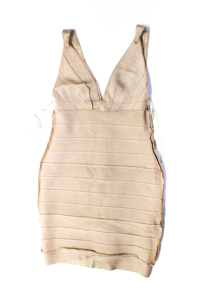 Herve Leger Womens V Neck Sleeveless Body Con Dress Beige Gold Size Small