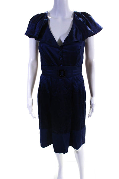 Zac Posen Womens Silk V Neck Short Sleeve Dress Midnight Blue Size Small