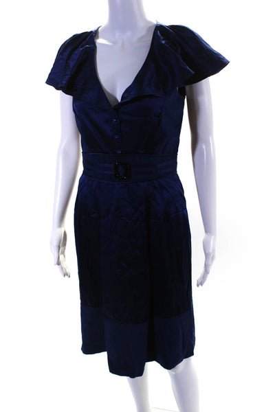 Zac Posen Womens Silk V Neck Short Sleeve Dress Midnight Blue Size Small