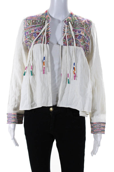 Love Sam Women's Long Sleeve Stripped Embroidered Open Cardigan White Size M