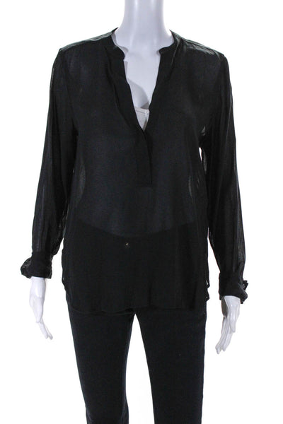 Vince  Womens V-Neck Covered Placket Button Long Sleeve Blouse Top Black Size 4