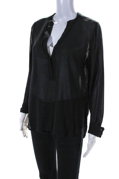 Vince  Womens V-Neck Covered Placket Button Long Sleeve Blouse Top Black Size 4