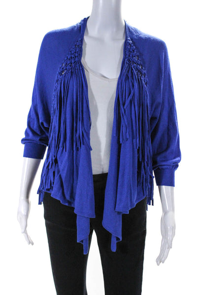 Rebecca Taylor Womens Frayed Braided Long Sleeve Open Front Cardigan Blue Size S