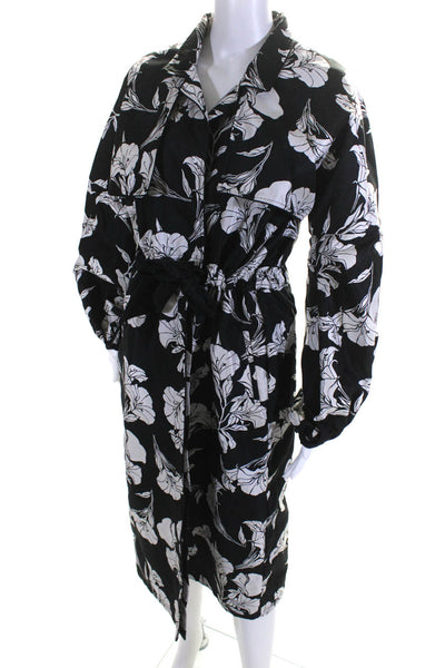 Johanna Ortiz Womens Floral Print Collared Button Down Dress Black White Size M