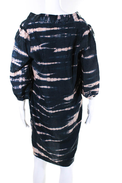Roberta Freymann Womens 3/4 Sleeve Scoop Neck Tie Dyed Dress Blue Beige Medium