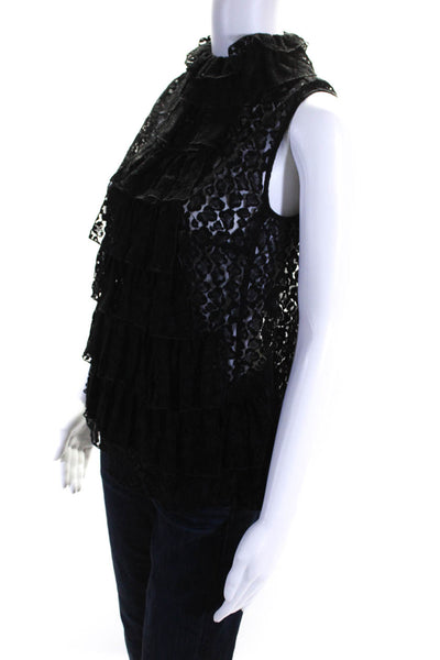 Giamba Womens Sleeveless Sheer Lace Tie Neck Zip Up Blouse Top Black Size 44 / M