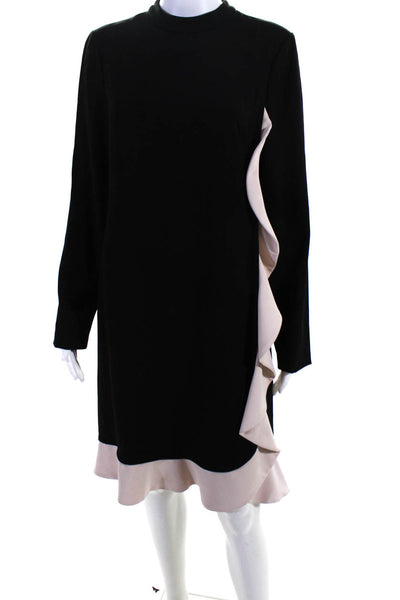 Mikael Aghal Womens Black Cream Color Block Ruffle Trim Shift Dress Size 6