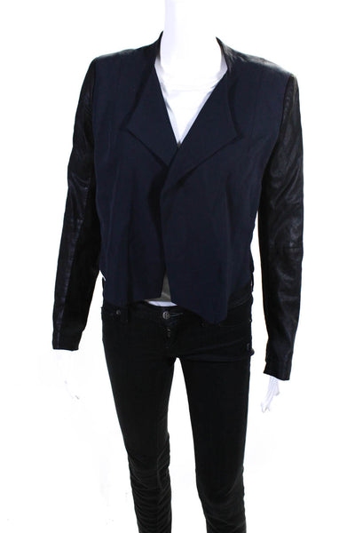 Theory Women's Open Front Leather Sleeves Crop Blazer Blue Size 4